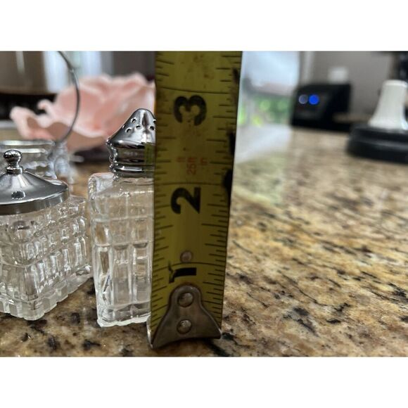 Vintage Salt & Pepper Shakers Mustard Caddy Cruet 4 Pc Silver Glass Elegant - Picture 12 of 15